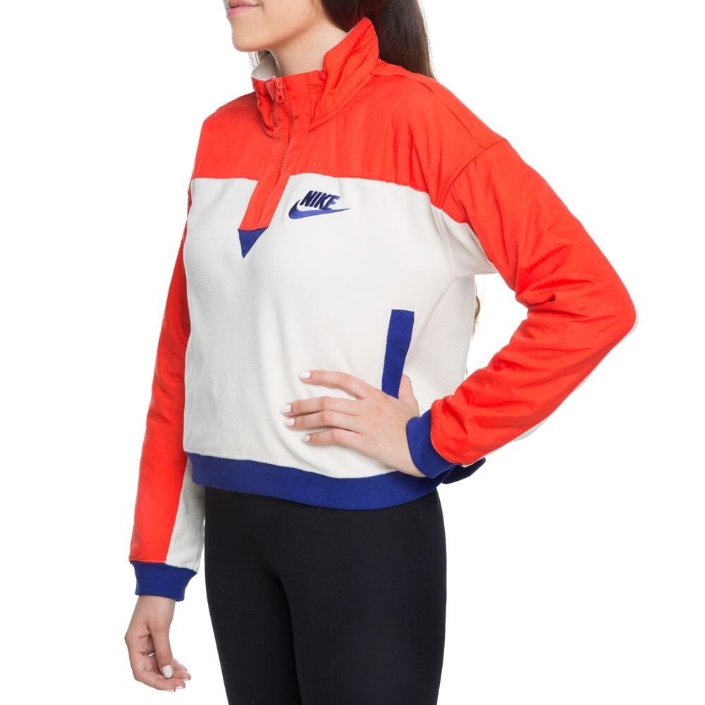 NWT Women's Nike Cropped Half Zip Pullover Fleece Jacket Cream Orange Blue L